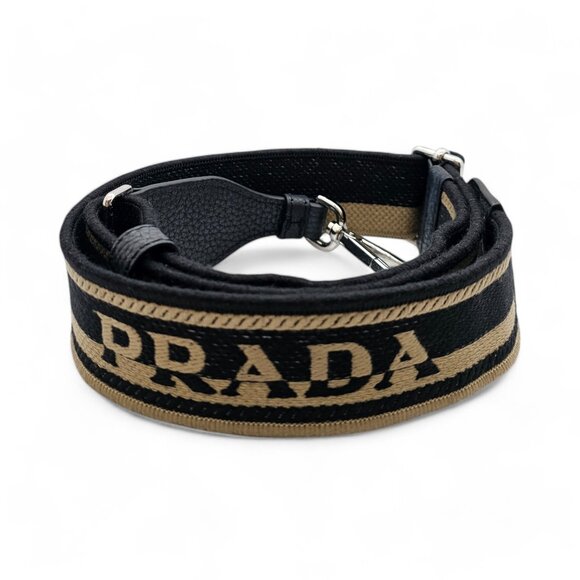 Prada Black and Beige bag strap with silver-tone hardware and embroidered logo - Picture 2 of 4